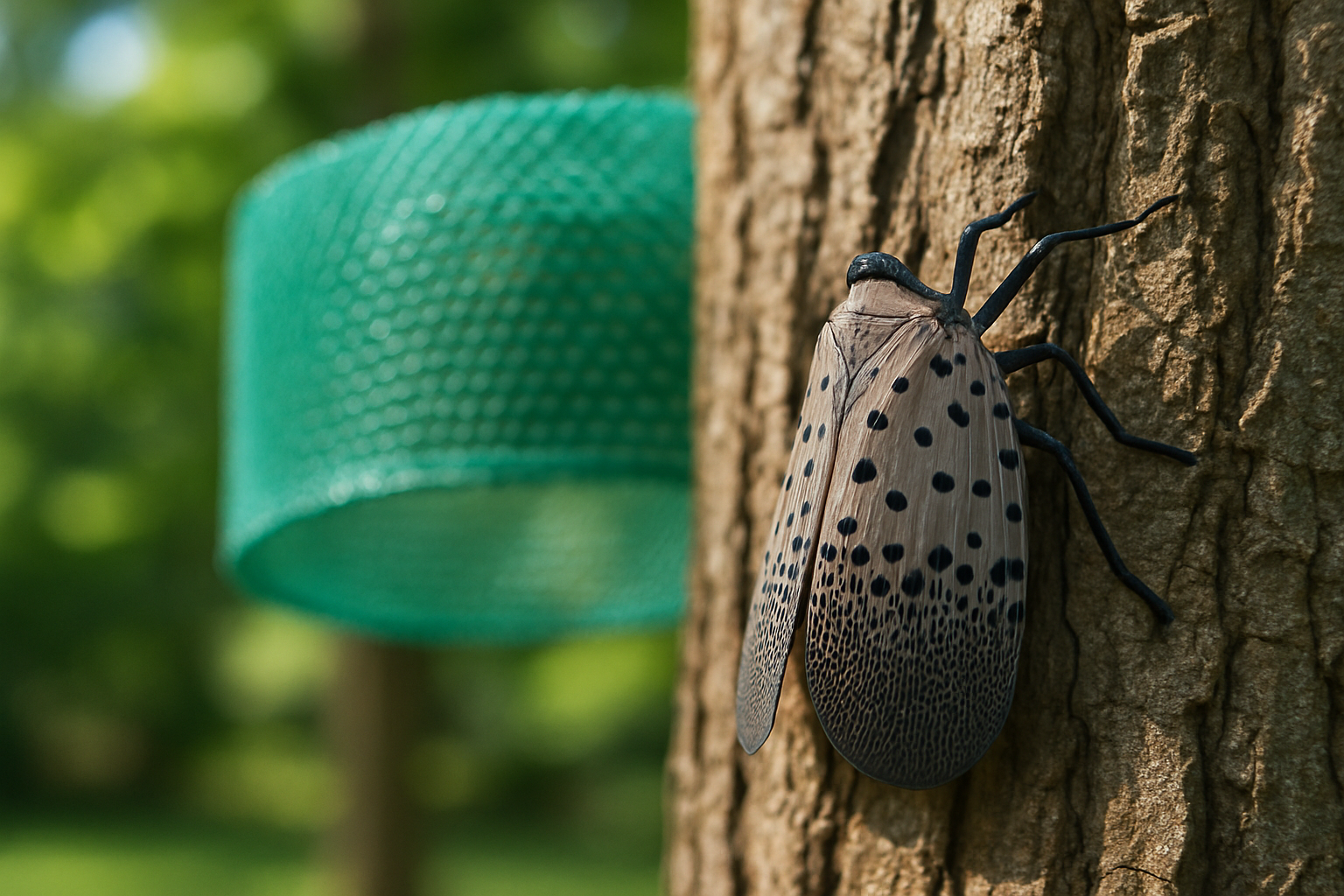 Spotted lanternfly on a tree trunk with a mesh circle trap