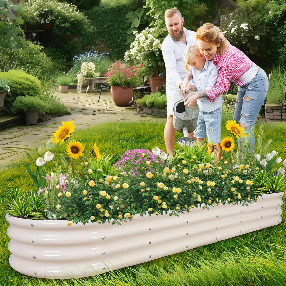 1MORE galvanized raised garden bed side white view highlights open bottom for layout options.