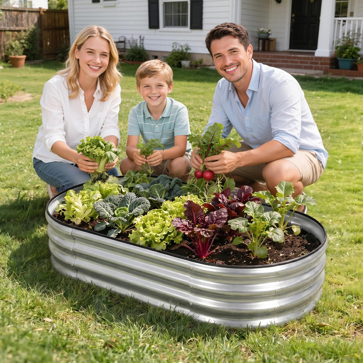 1MORE galvanized raised garden bed side view emphasizes oval design and safety.