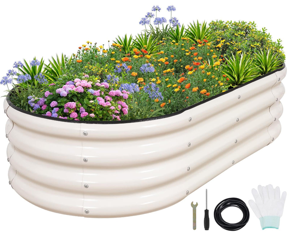 1MORE galvanized raised garden bed top view shows sturdy oval frame for long-lasting gardening