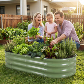 1MORE decorative galvanized garden bed in a lush outdoor setting