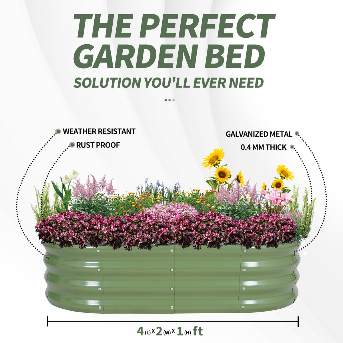 1MORE raised bed with vegetables and flowers in a green yard