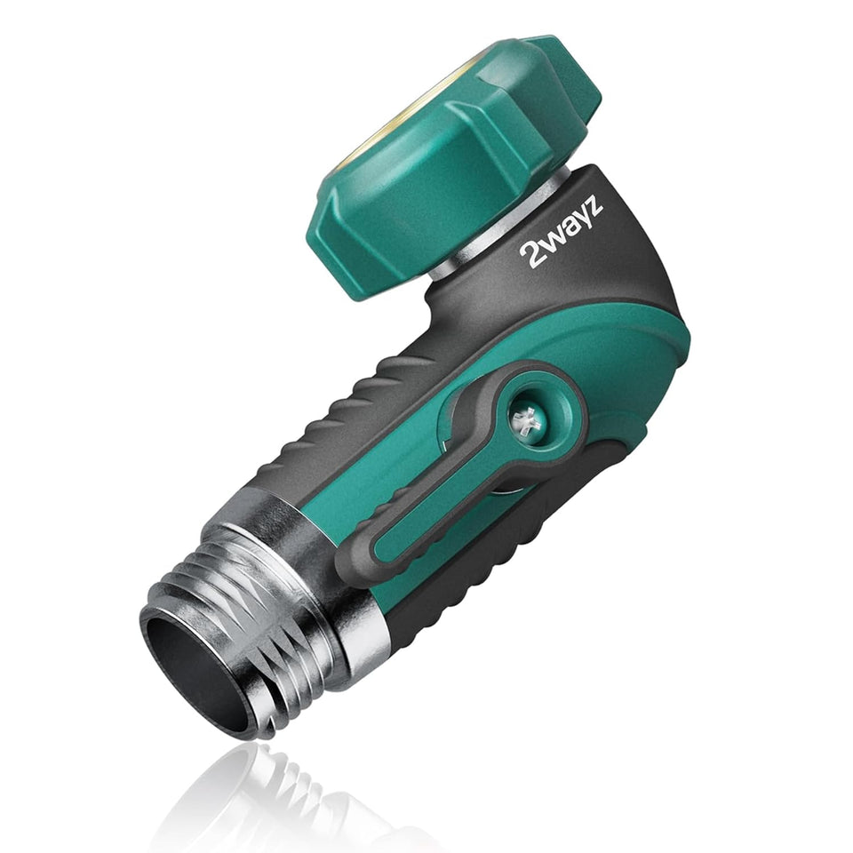 2WAYZ 90-degree elbow adapter in green and black reduces hose strain.