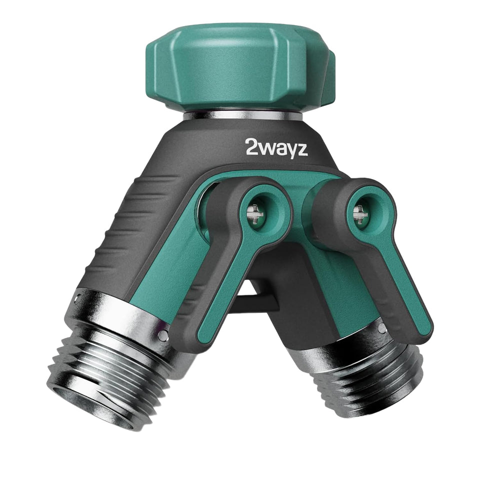 2WAYZ dual outlet hose splitter brass full view for durable outdoor watering.