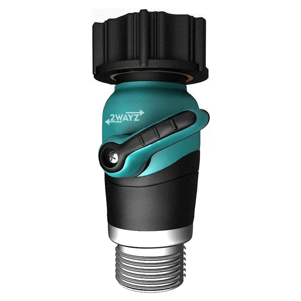 2WAYZ heavy duty hose connector with on/off switch for quick outdoor setup.