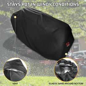 2win2buy elastic bottom secures the cover so it stays on even in windy conditions