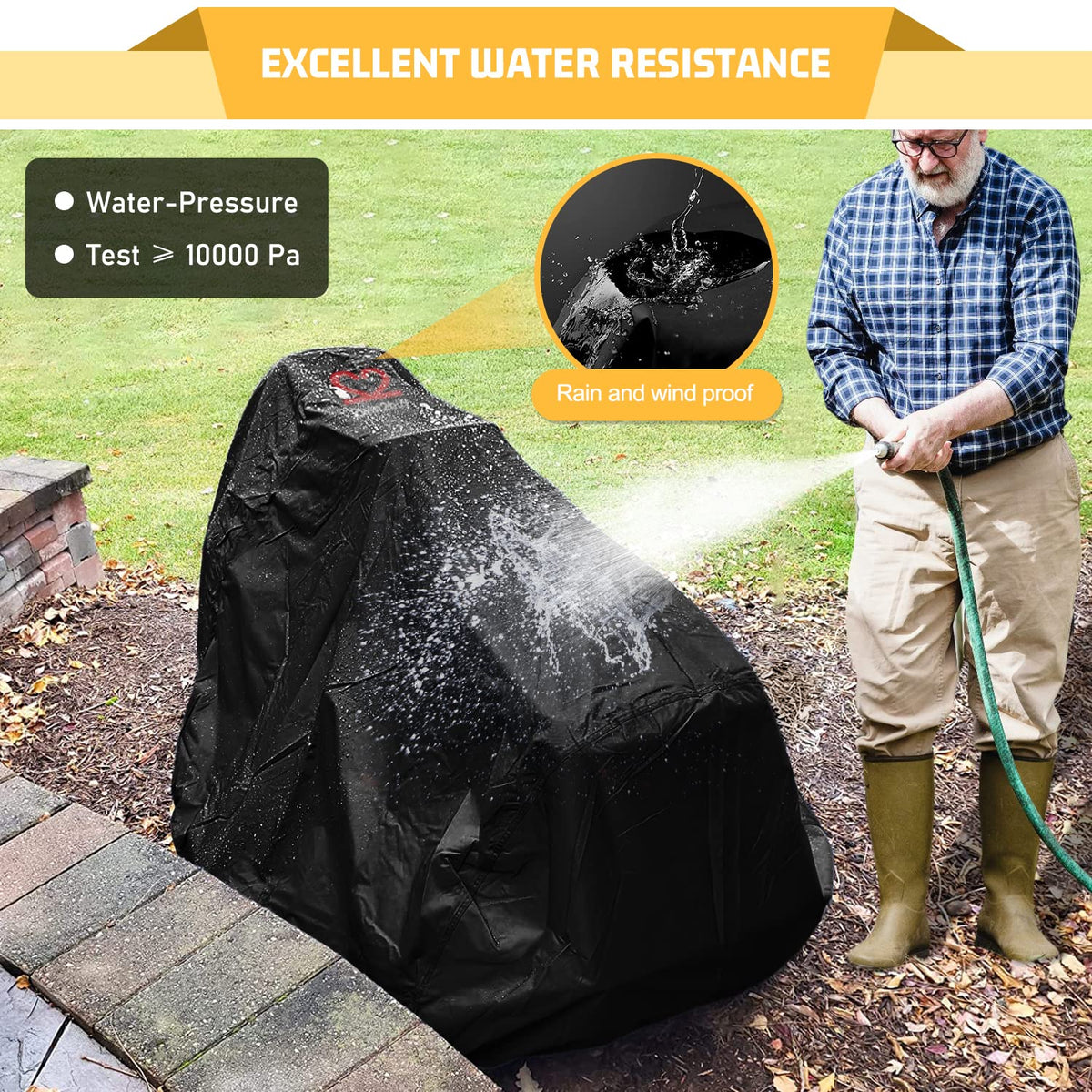 2win2buy cover with elastic cord ensures quick and tight fit around mower even in windy weather
