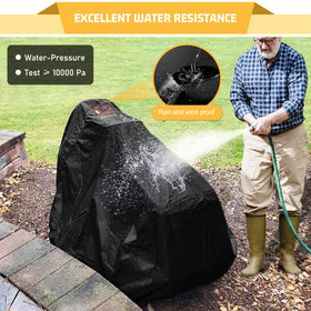 2win2buy cover with elastic cord ensures quick and tight fit around mower even in windy weather