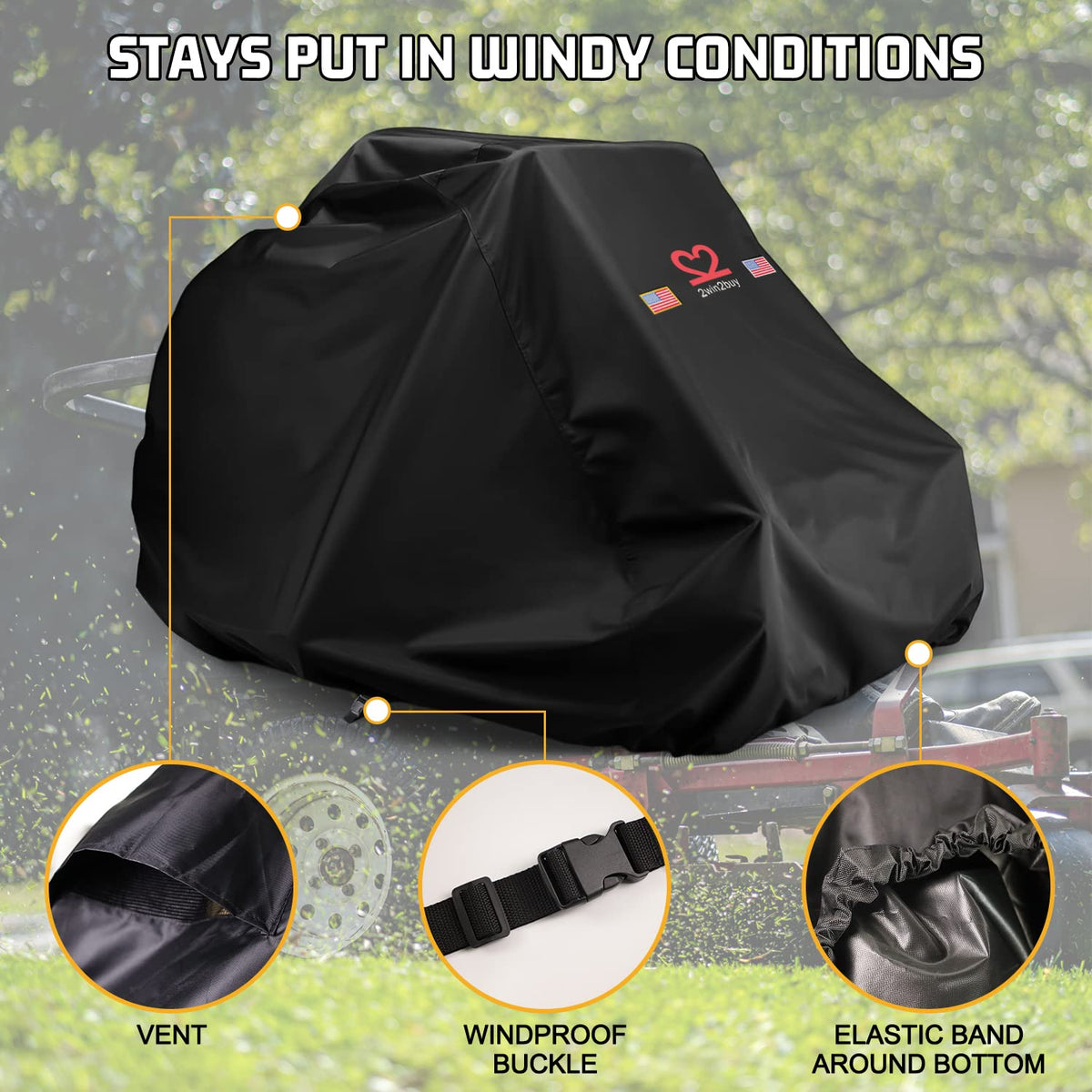2win2buy elastic-bottom mower cover stays securely on around tires