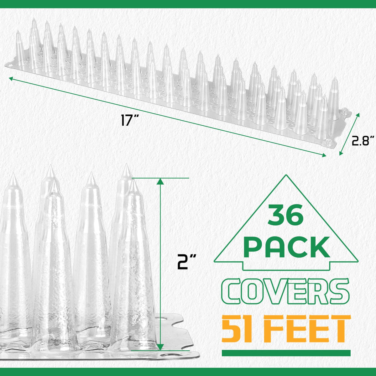 Close-up of 3 BUZZLETT spikes shows durable weatherproof construction