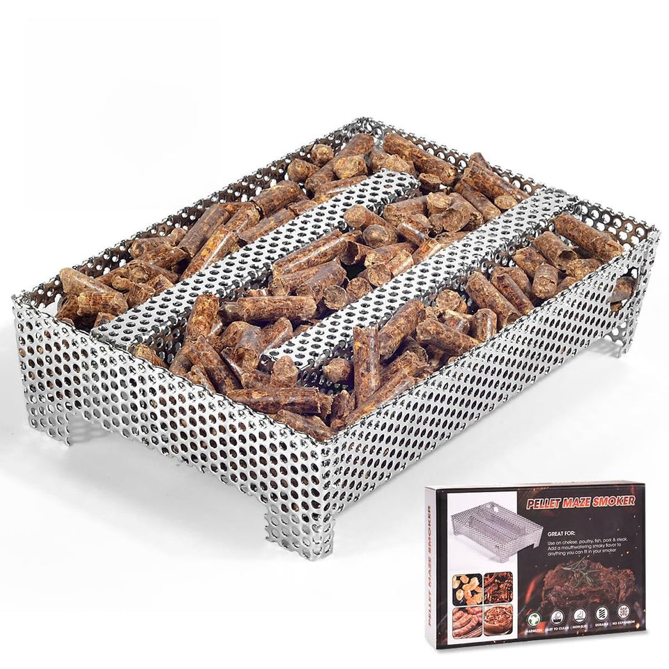 3 BUZZLETT pellet smoker tray front view shows durable stainless steel for outdoor use