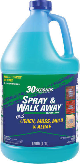 30 SECONDS Mold Remover bottle pour demonstrates easy outdoor application.