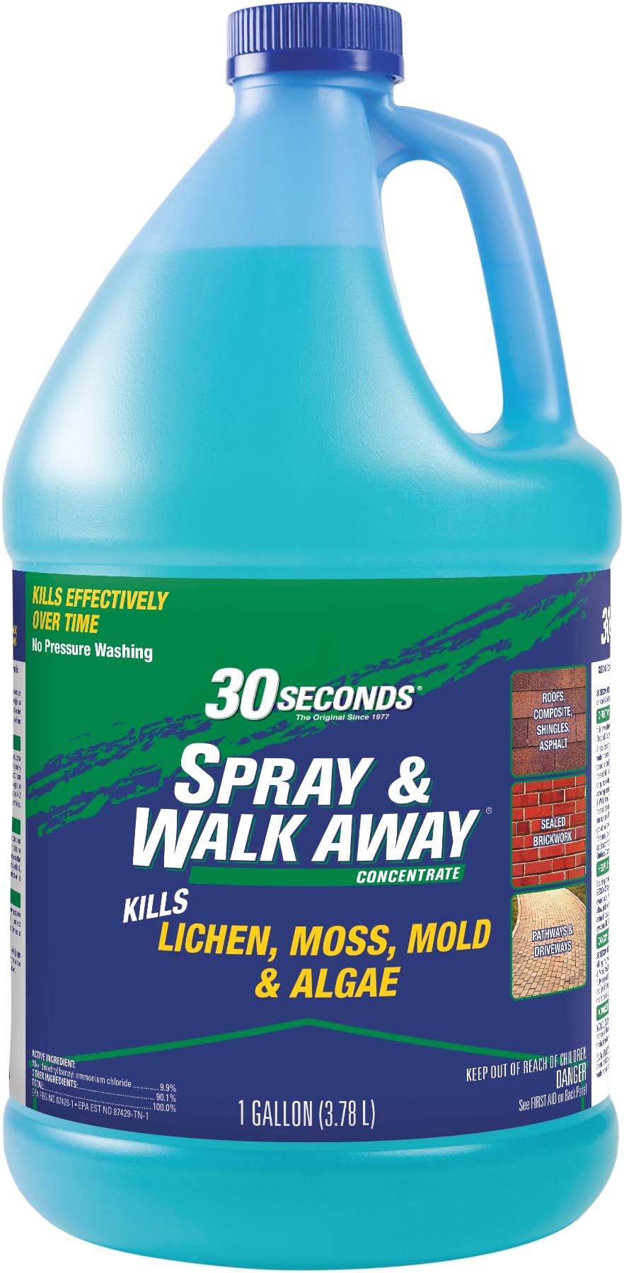 30 SECONDS Mold Remover bottle pour demonstrates easy outdoor application.