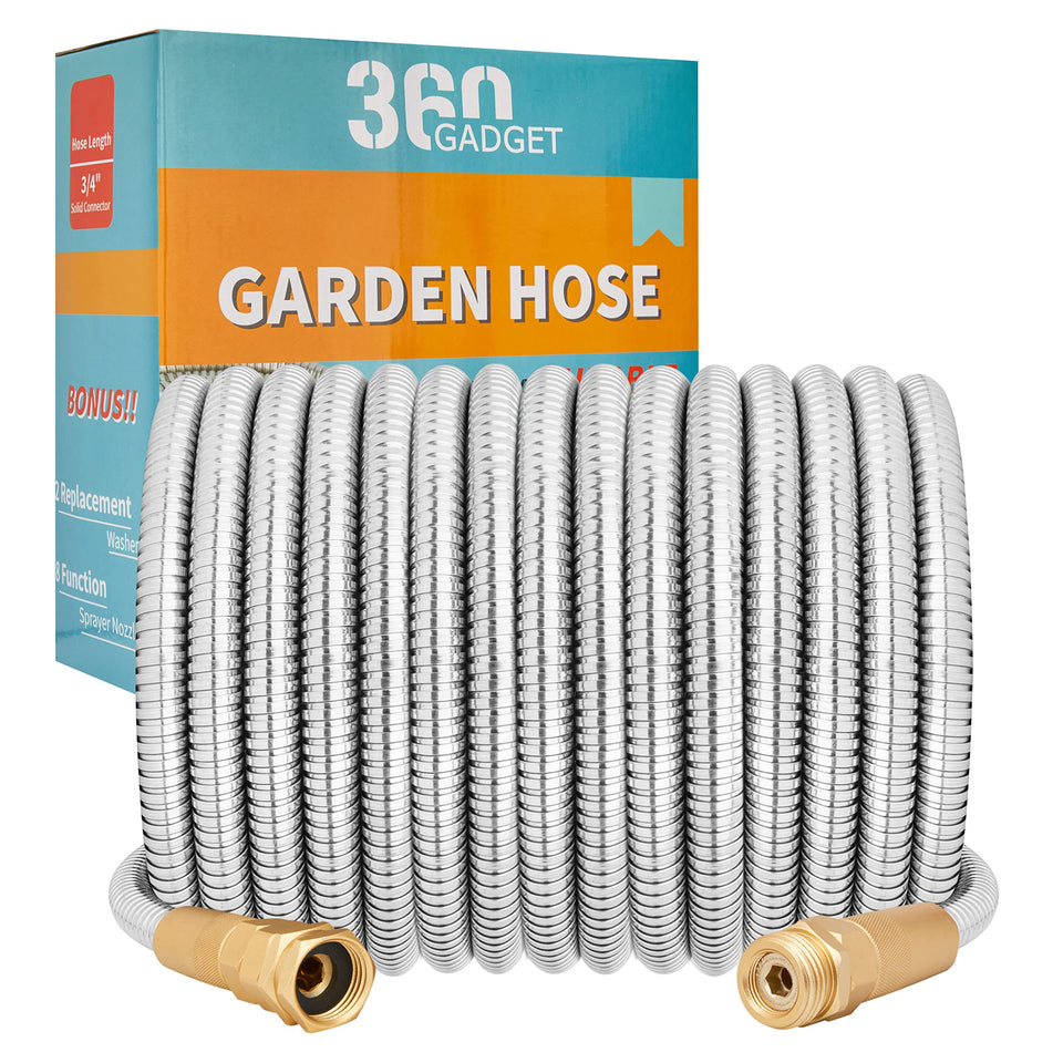 360 Gadget Garden Hose Metal showcases a rugged outer shell for tough outdoor watering.