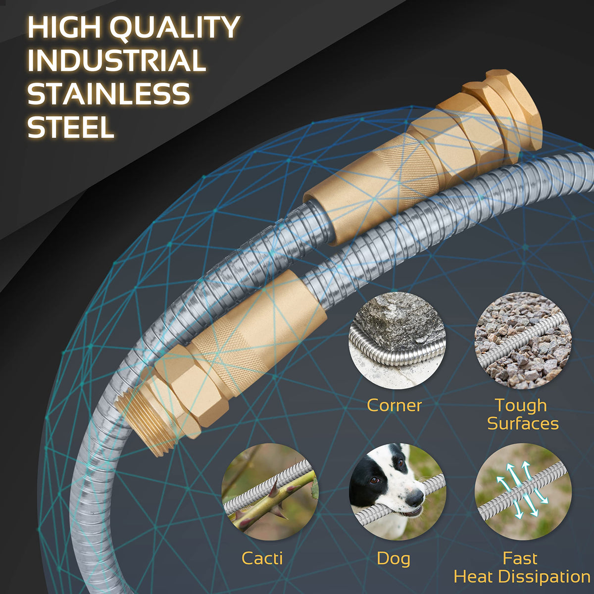 360 Gadget Garden Hose Metal with 8-function sprayer enables versatile watering tasks.