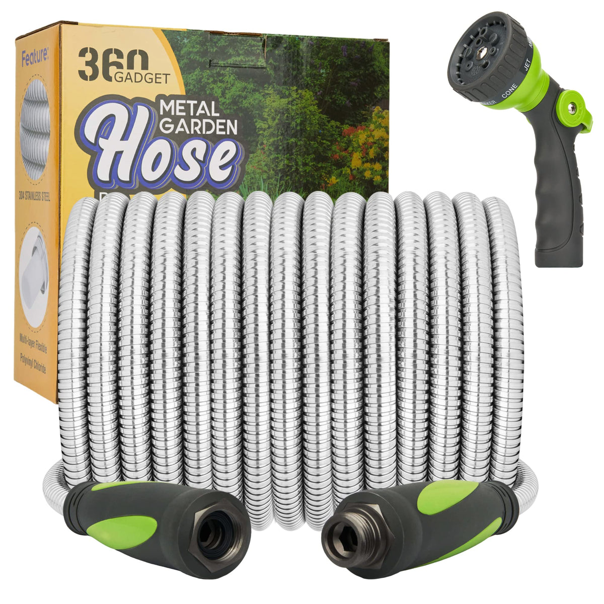 360Gadget 50ft metal hose with durable steel interlinks for extended outdoor watering.