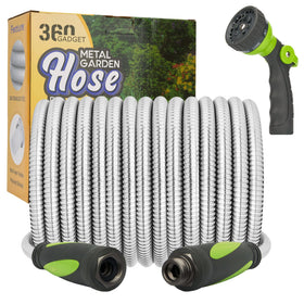 360Gadget 50ft metal hose with durable steel interlinks for extended outdoor watering.