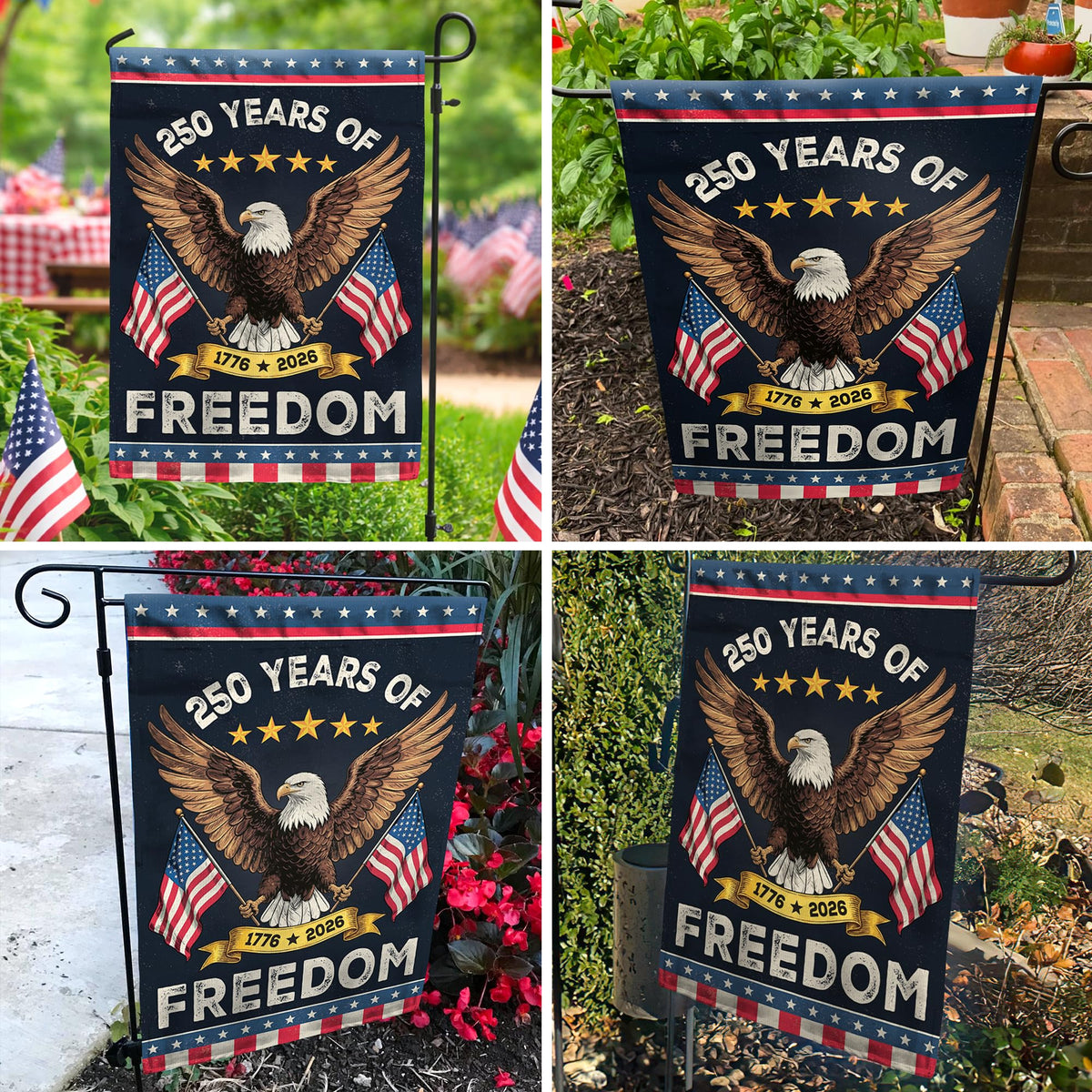 Patriotic yard flag mounted on a garden flag holder for porch display by 36AQUA.