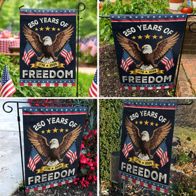 Patriotic yard flag mounted on a garden flag holder for porch display by 36AQUA.