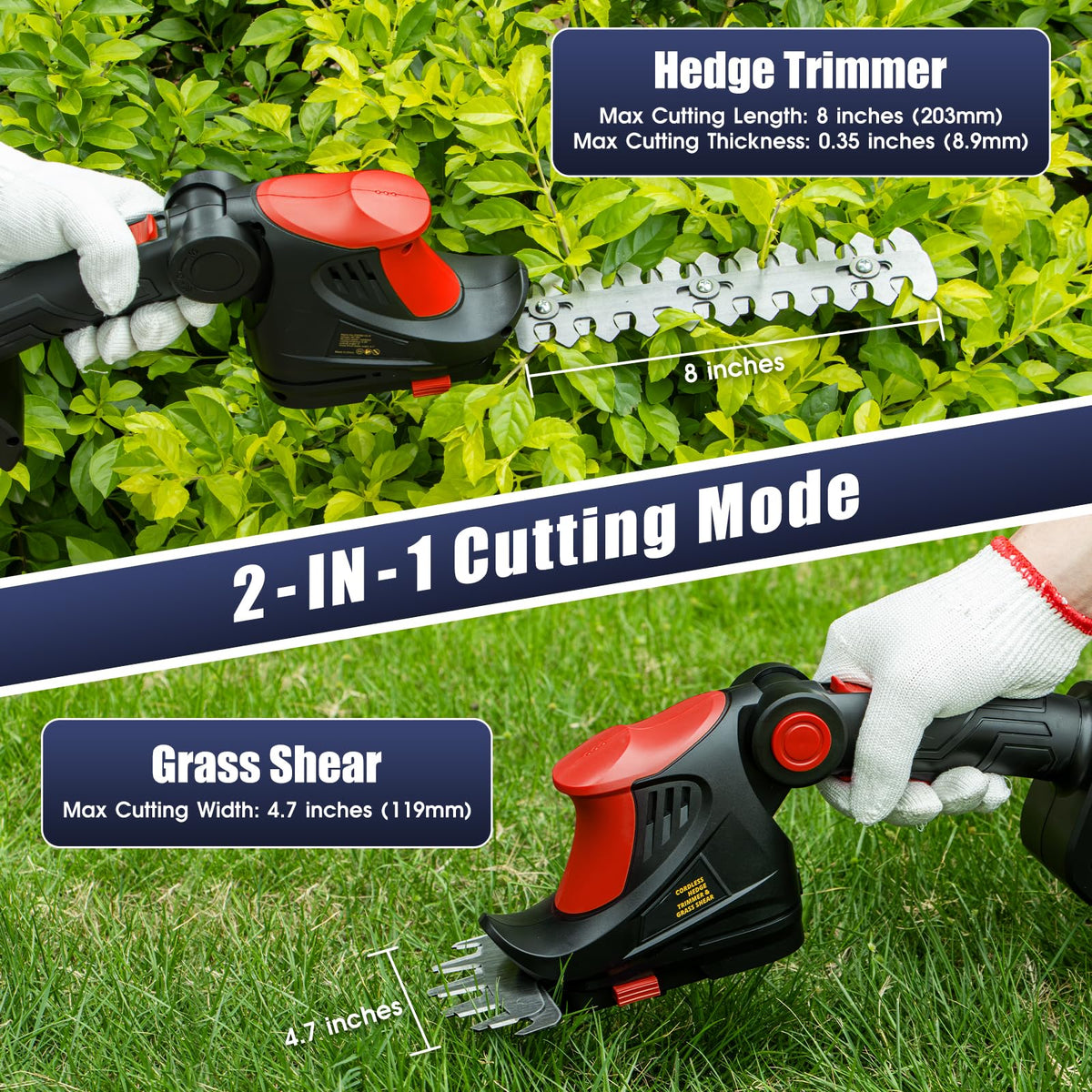 3D VO INN 2-in-1 blade close-up showcases dual trimming and grass shearing.