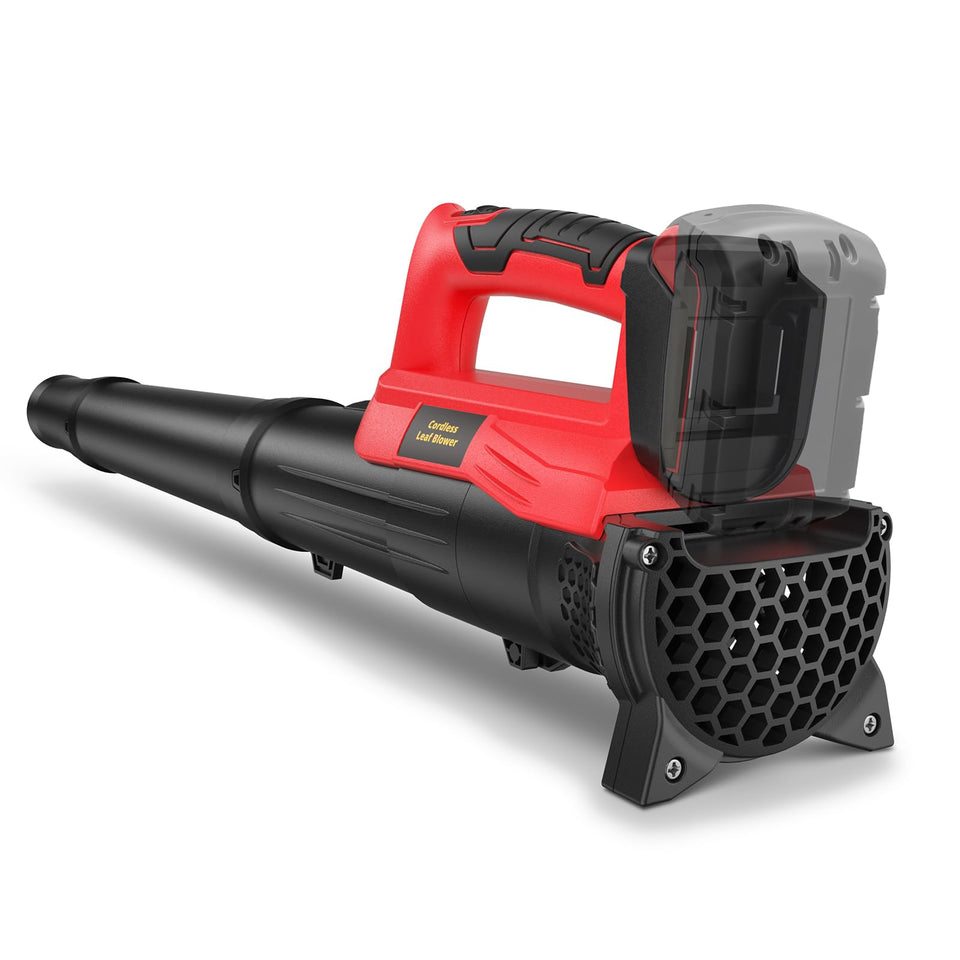 3D VO INN leaf blower shows Milwaukee battery compatibility for cordless yard cleanup.