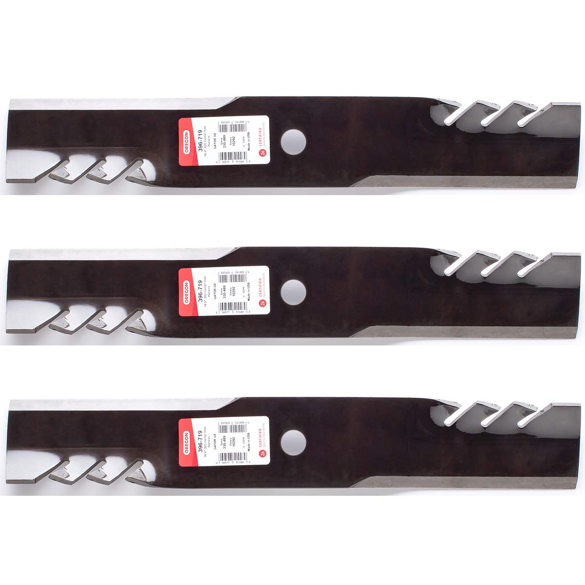 3PK Oregon 396-719 G6 Gator blades close-up showing sharp cutting edges for 54-inch decks