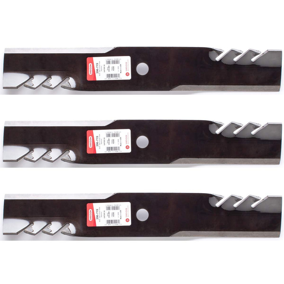 3PK Oregon 396-719 G6 Gator blades close-up showing sharp cutting edges for 54-inch decks