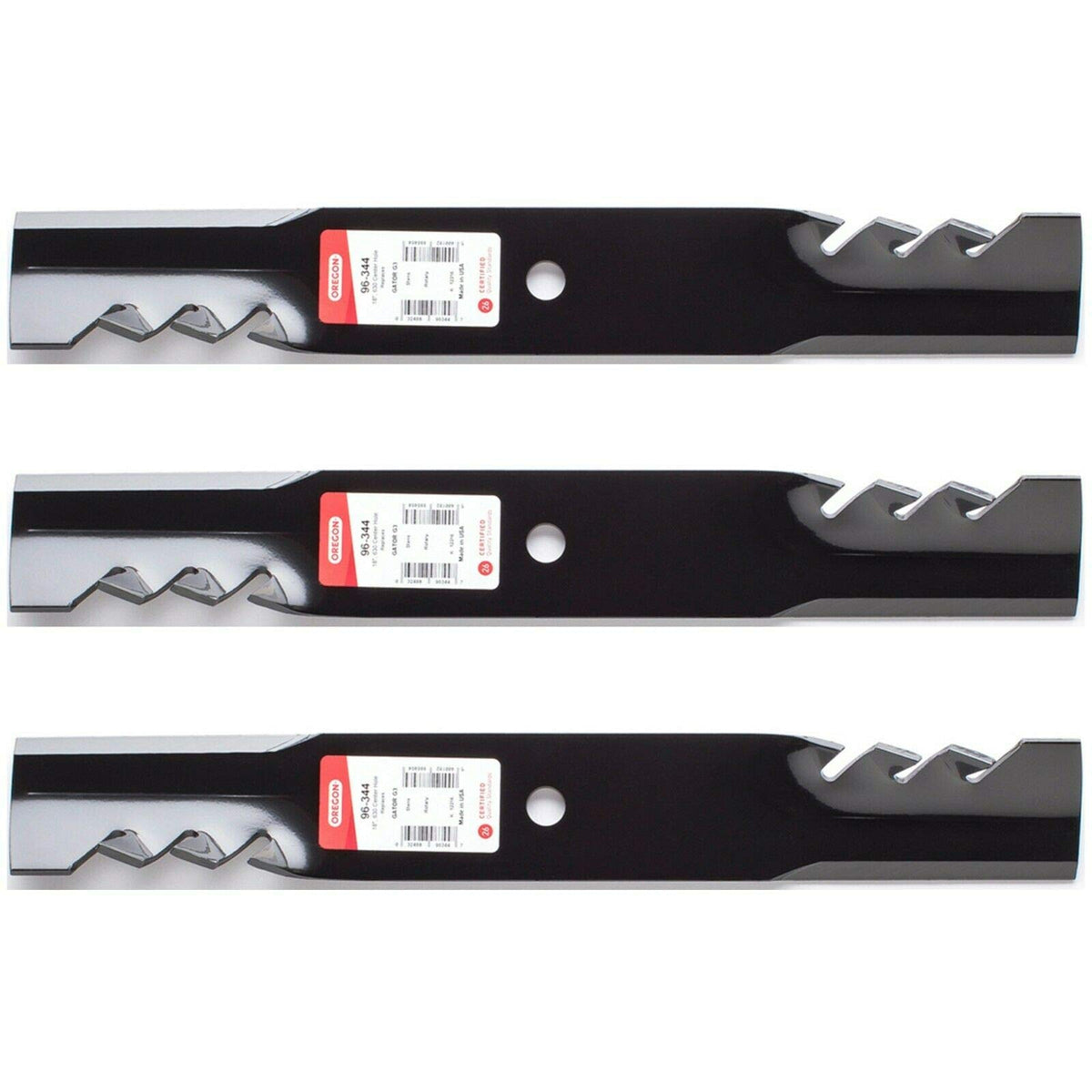 Three-pack Oregon 96-344 Gator G3 blades in packaging for Exmark and Scag mowers