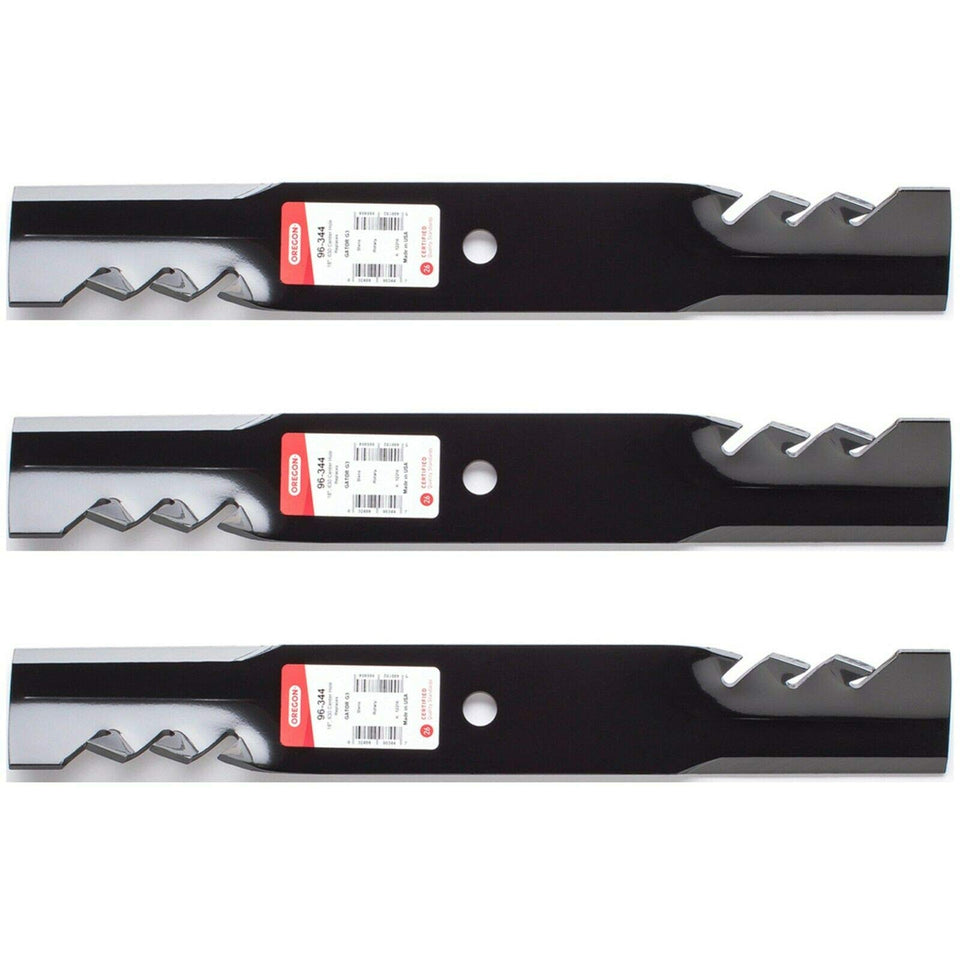 Three-pack Oregon 96-344 Gator G3 blades in packaging for Exmark and Scag mowers