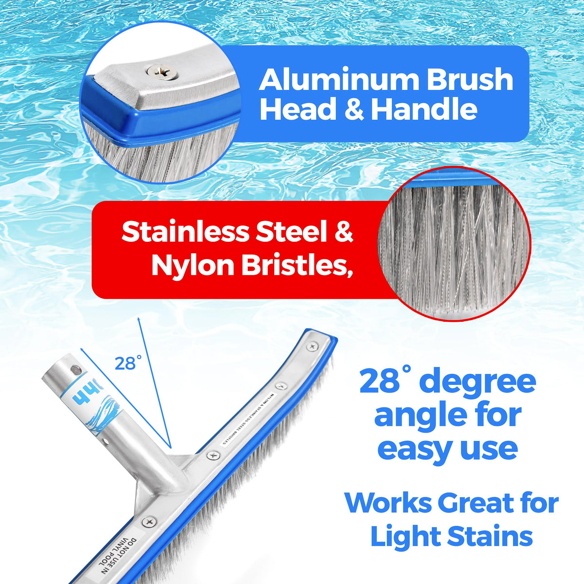 Reinforced aluminum frame on the pool brush for durability