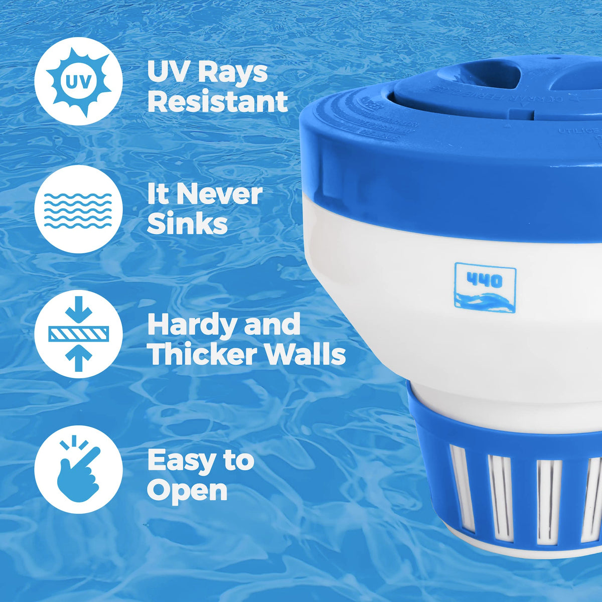 440 heavy-duty plastic pool floater withstands sun and weather for season after season.