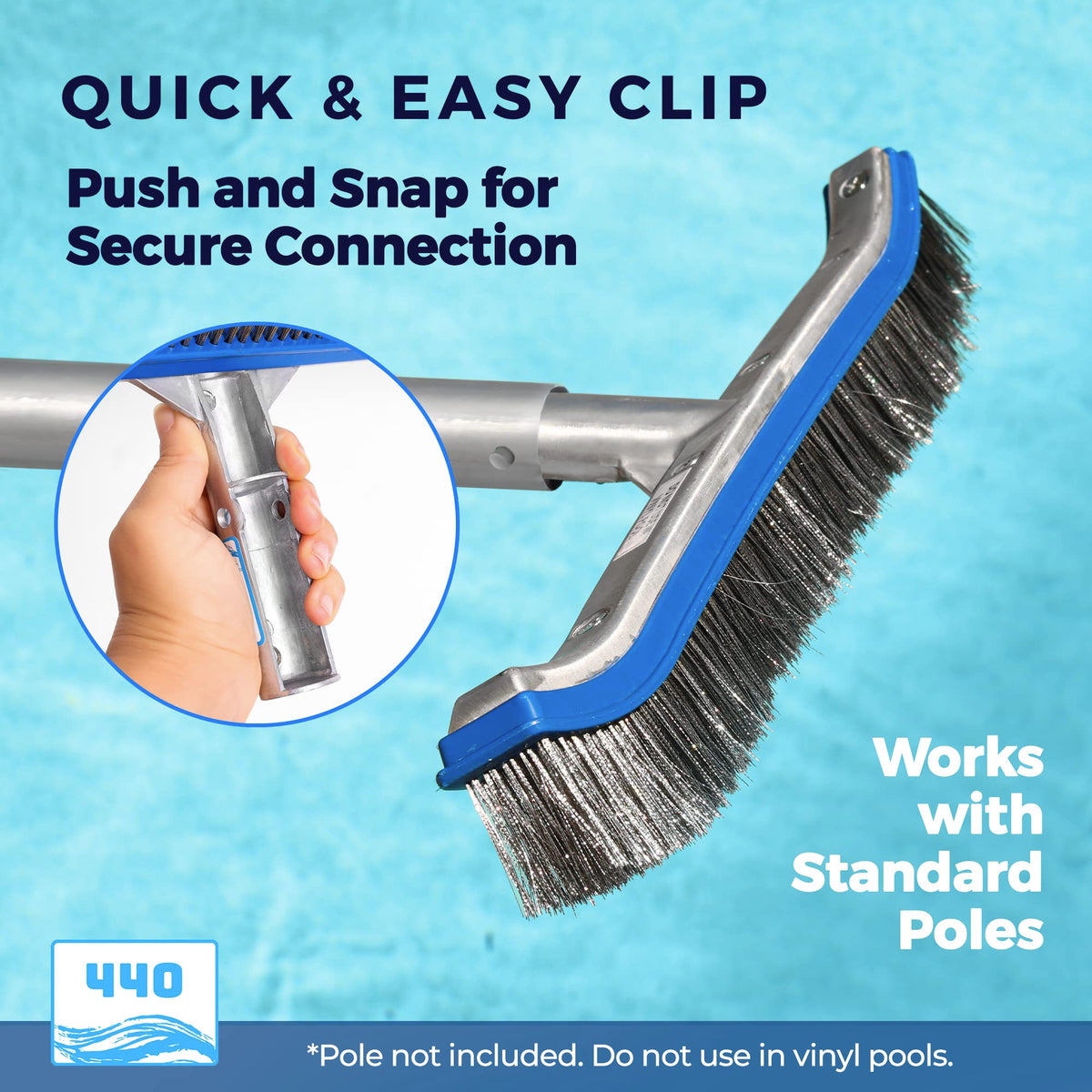 The aluminum back and sturdy frame of the 440 brush for durable pool cleaning