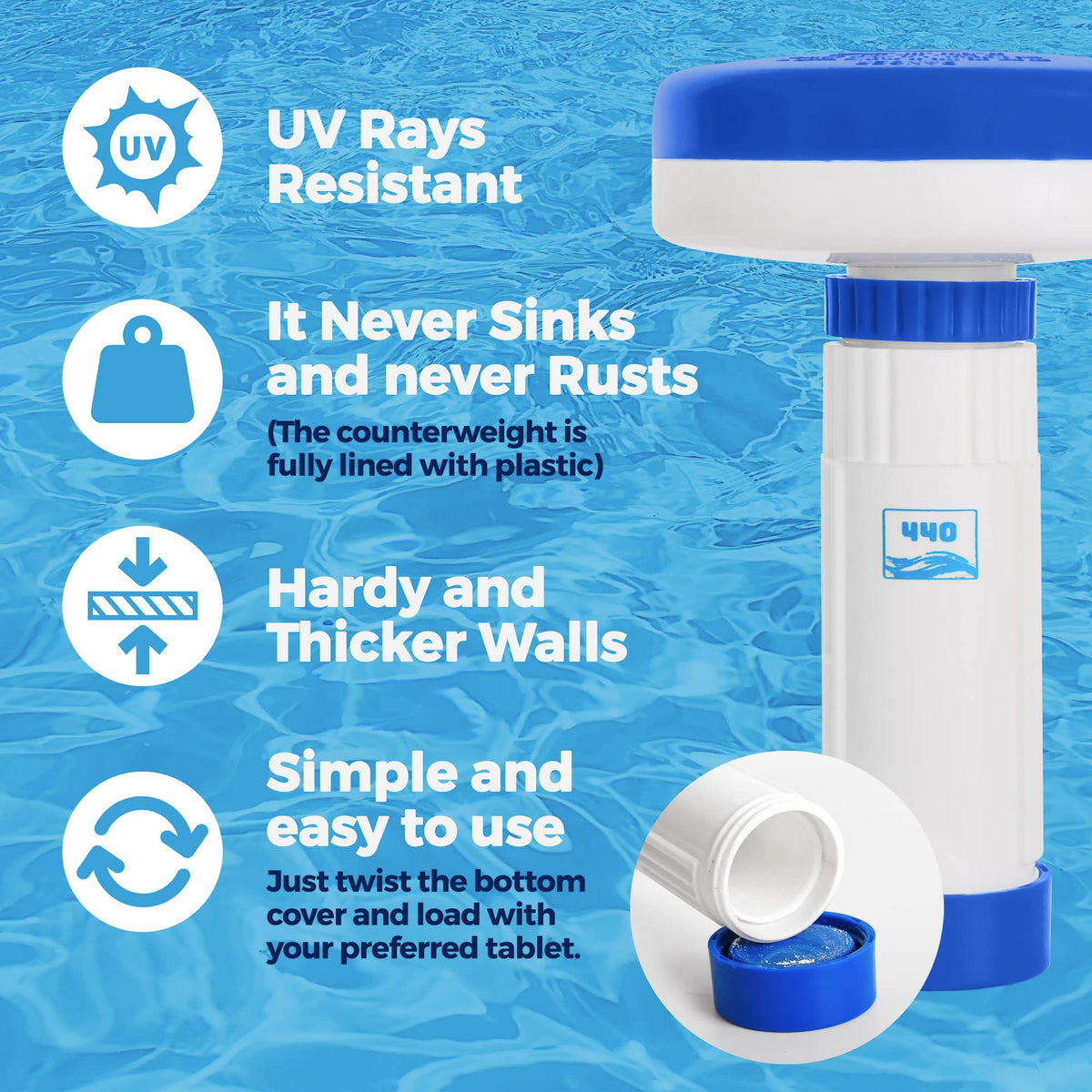 440 Mini Premium Floater shown in hot tub setup for consistent chemical release