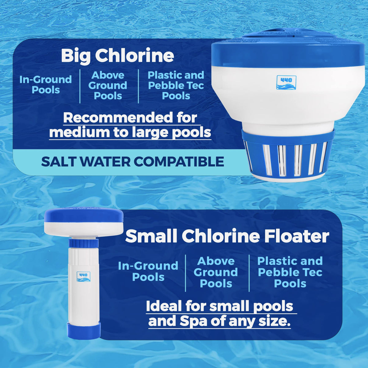 440 pool chlorine floater dispenser fits up to five 3-inch tablets for standard pools.