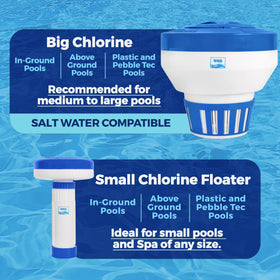 440 pool chlorine floater dispenser fits up to five 3-inch tablets for standard pools.