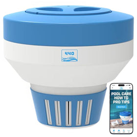 440 pool chlorine floater dispenser with open lid for quick tablet loading and even dosing.