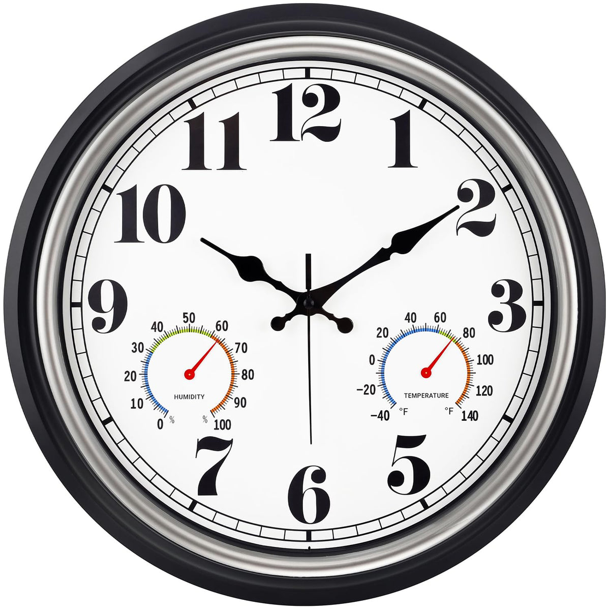 45MinST 16-inch silver outdoor clock shown on a porch for durable outdoor timekeeping.