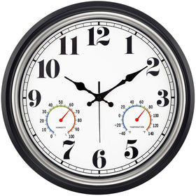 45MinST 16-inch silver outdoor clock shown on a porch for durable outdoor timekeeping.