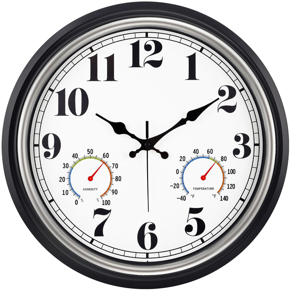 45MinST 16-inch silver outdoor clock shown on a porch for durable outdoor timekeeping.