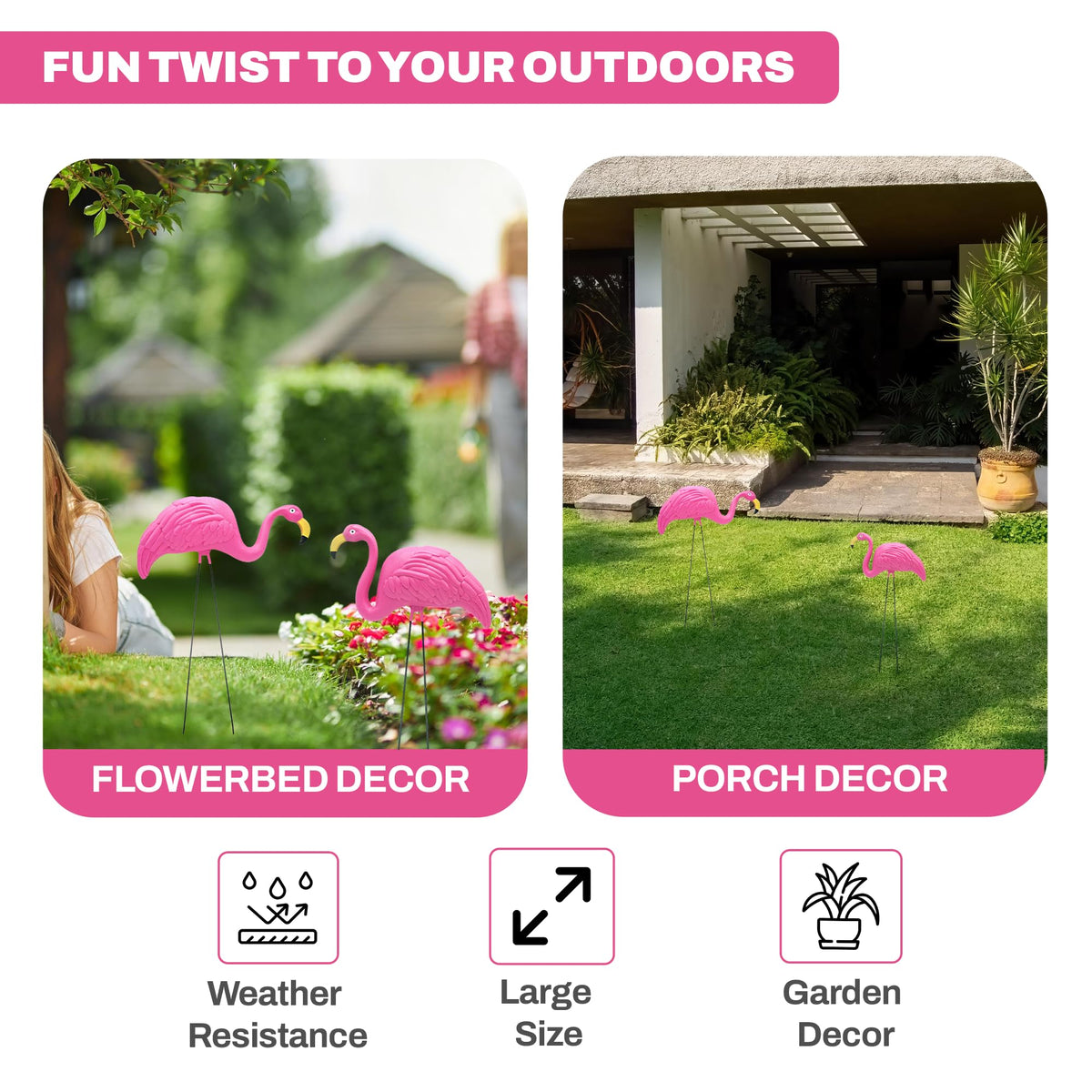 Two flamingos yard decor creates a lively focal point