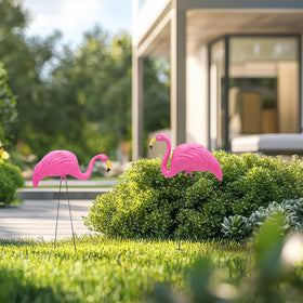 4E's Novelty pink flamingos with 21-inch metal legs provide stable lawn statues