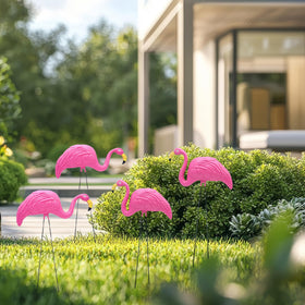 4E's Novelty pink flamingos yard sculpture with 21in legs adds outdoor stability