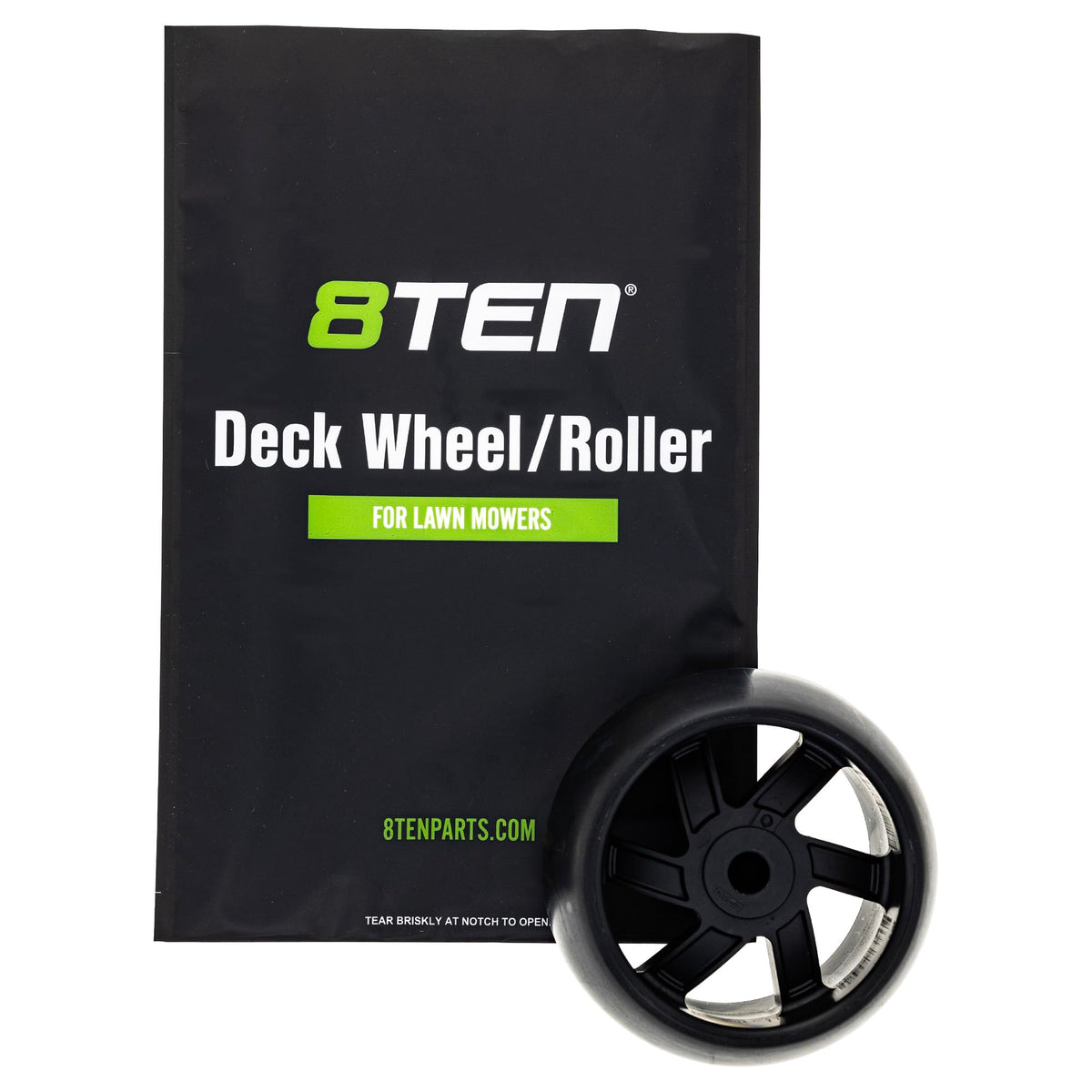 8TEN deck wheel kit beside Husqvarna Z254 showing quick installation and enhanced stability.