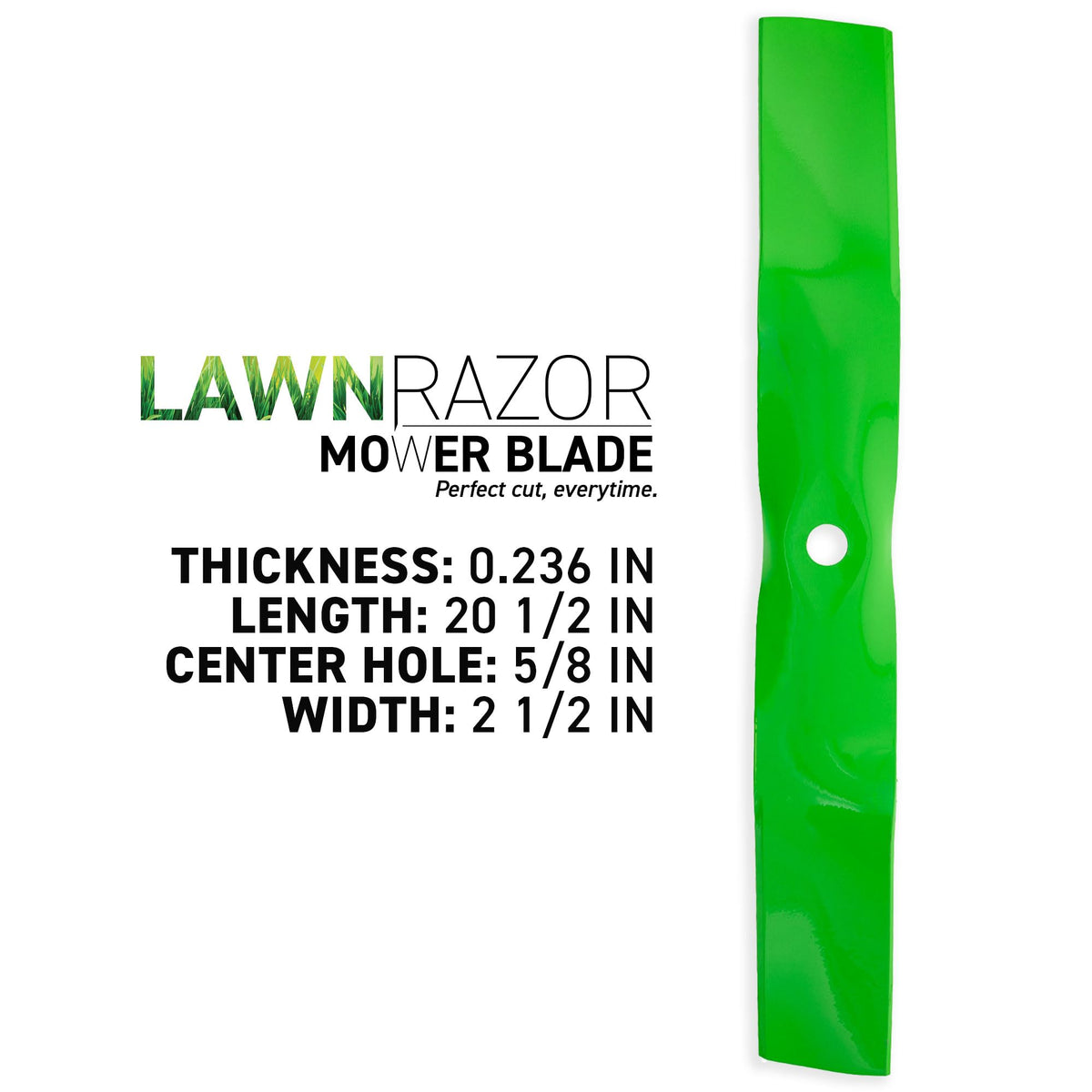 8TEN LawnRAZOR blade close-up showing 21.5-inch length for precise 42-inch deck cuts.