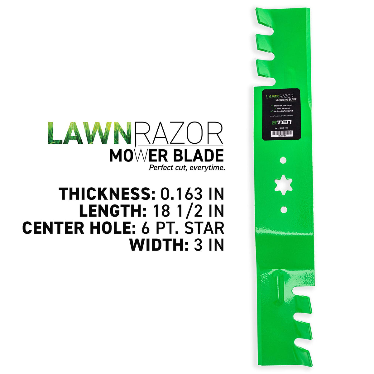 8TEN LawnRAZOR blade showing 18-1/2 inch length and 3 inch width