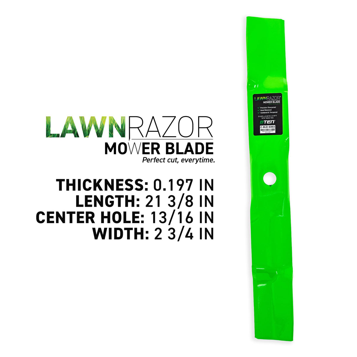 8TEN LawnRAZOR blade packaging showcases easy replacement for Deere models.