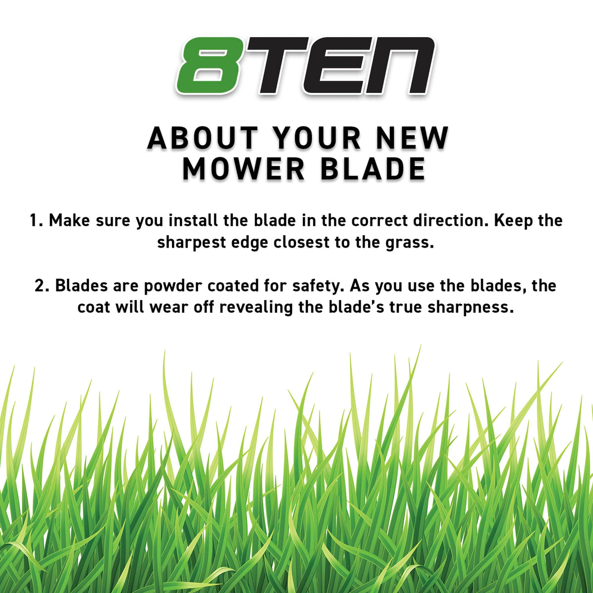 Packaging label for 8TEN LawnRAZOR blades with model guidance