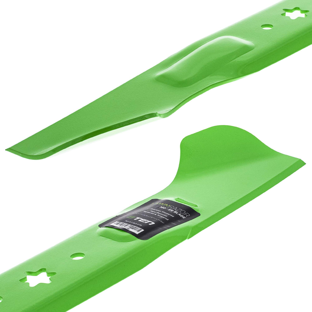 8TEN LawnRAZOR blade set center-hole image highlights 6-point star hub compatibility.