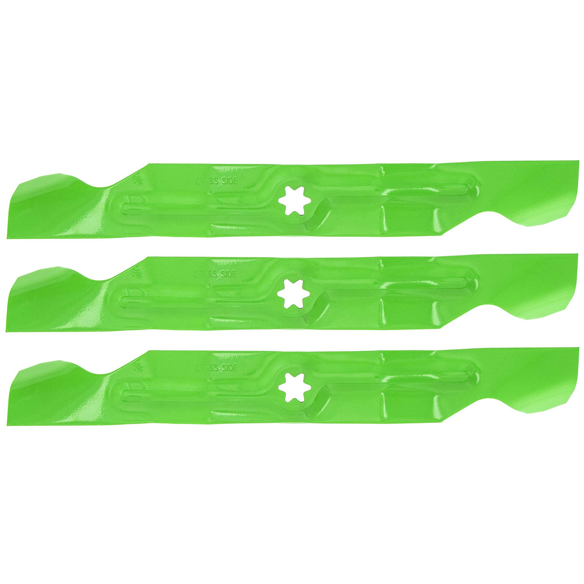 Close-up of LawnRAZOR blade edges highlighting high-lift design for cleaner turf lift.