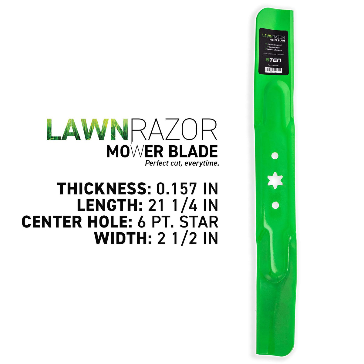 8TEN LawnRAZOR mower blade closeup shows sharp edge and robust construction
